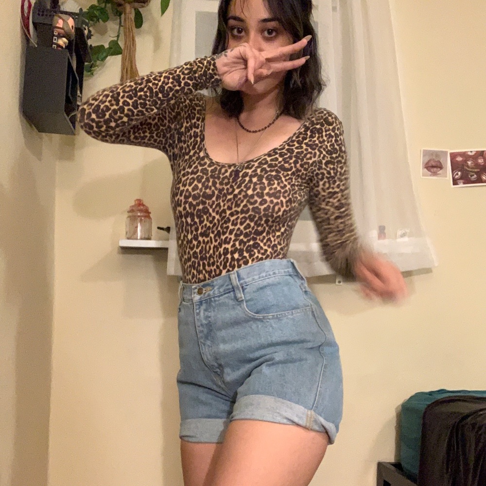 High waisted light blue denim shorts